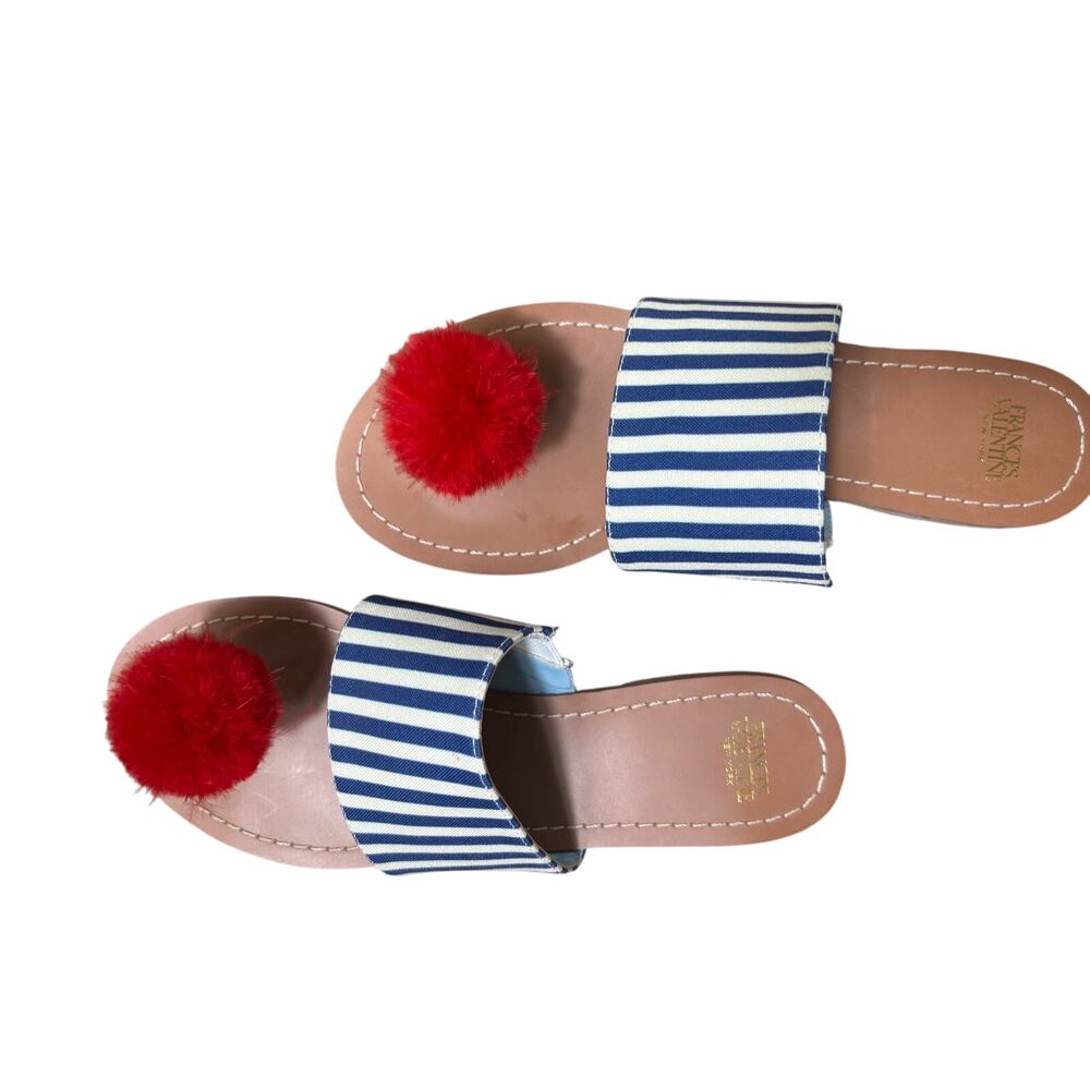 Frances Valentine Striped Sandals with Red Pom Pom